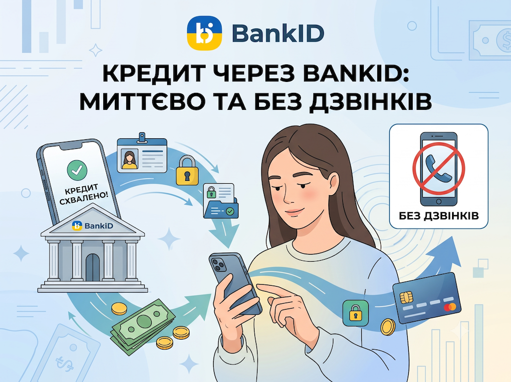 Обкладинка статті блогу (1024x768): Дівчина з полегшенням дивиться в смартфон, отримуючи швидкий кредит через BankID без зайвих дзвінків