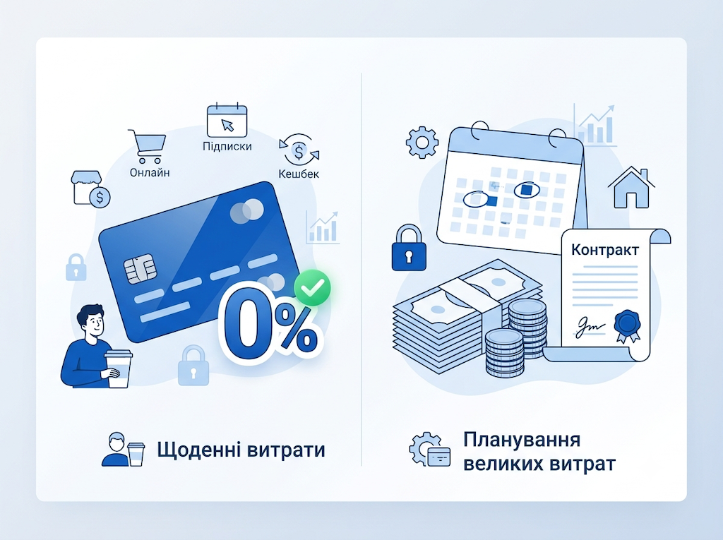 Інфографіка: порівняння переваг кредитної картки для безготівкових розрахунків та кредиту готівкою для великих витрат